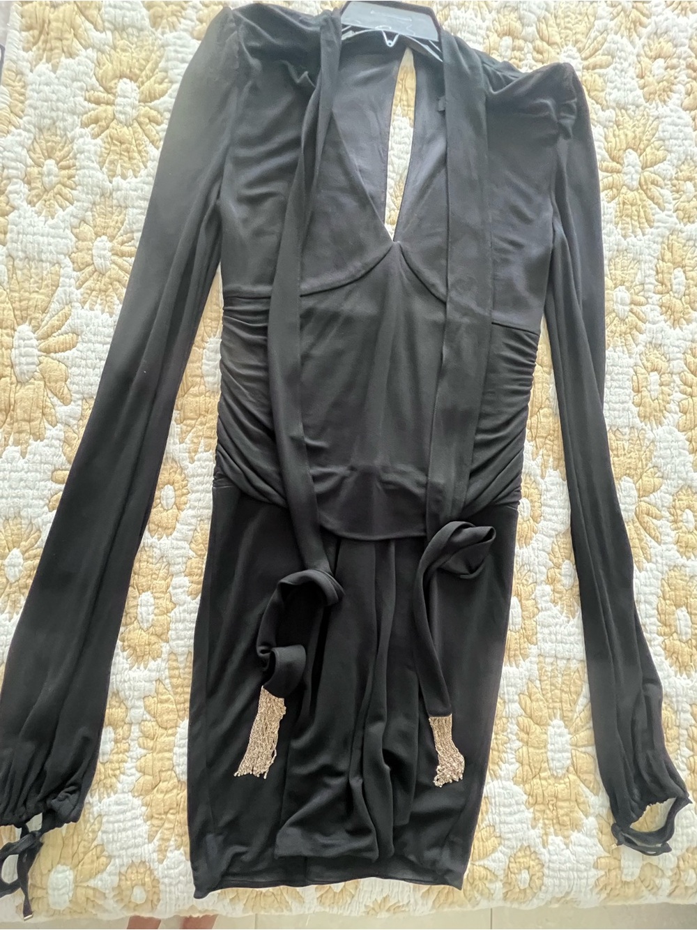 Black Long Sleeve Draped Mini Dress with Tie Detail